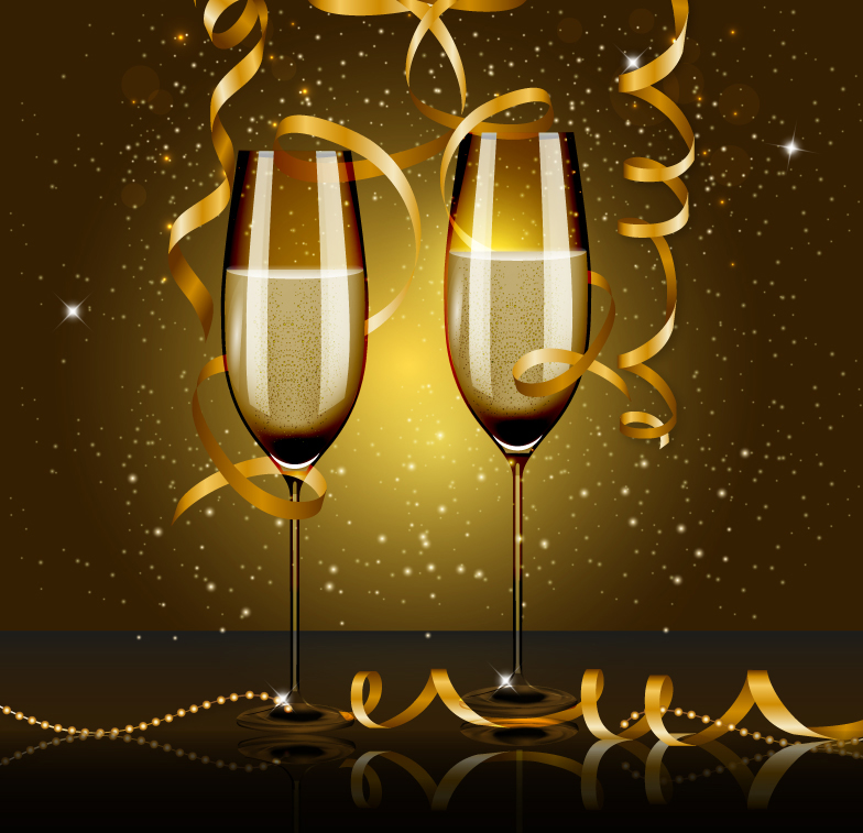 Champagne and golden ribbon vector material
