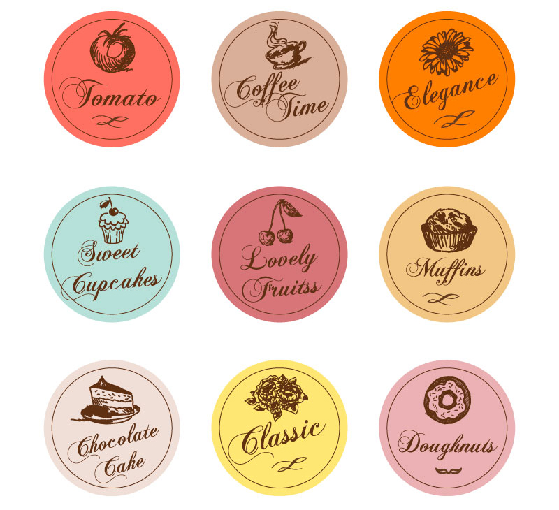 9 Round-painted food labels vector material
