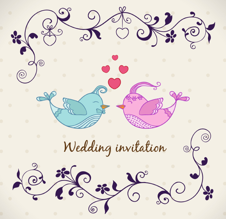 Cartoon bird lovers wedding invitations vector material
