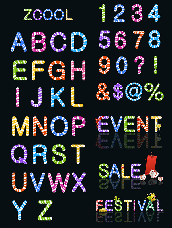 Candy colored letters and figures vector material 