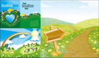 Spring, sun, clouds, rainbow, house, lawn vector